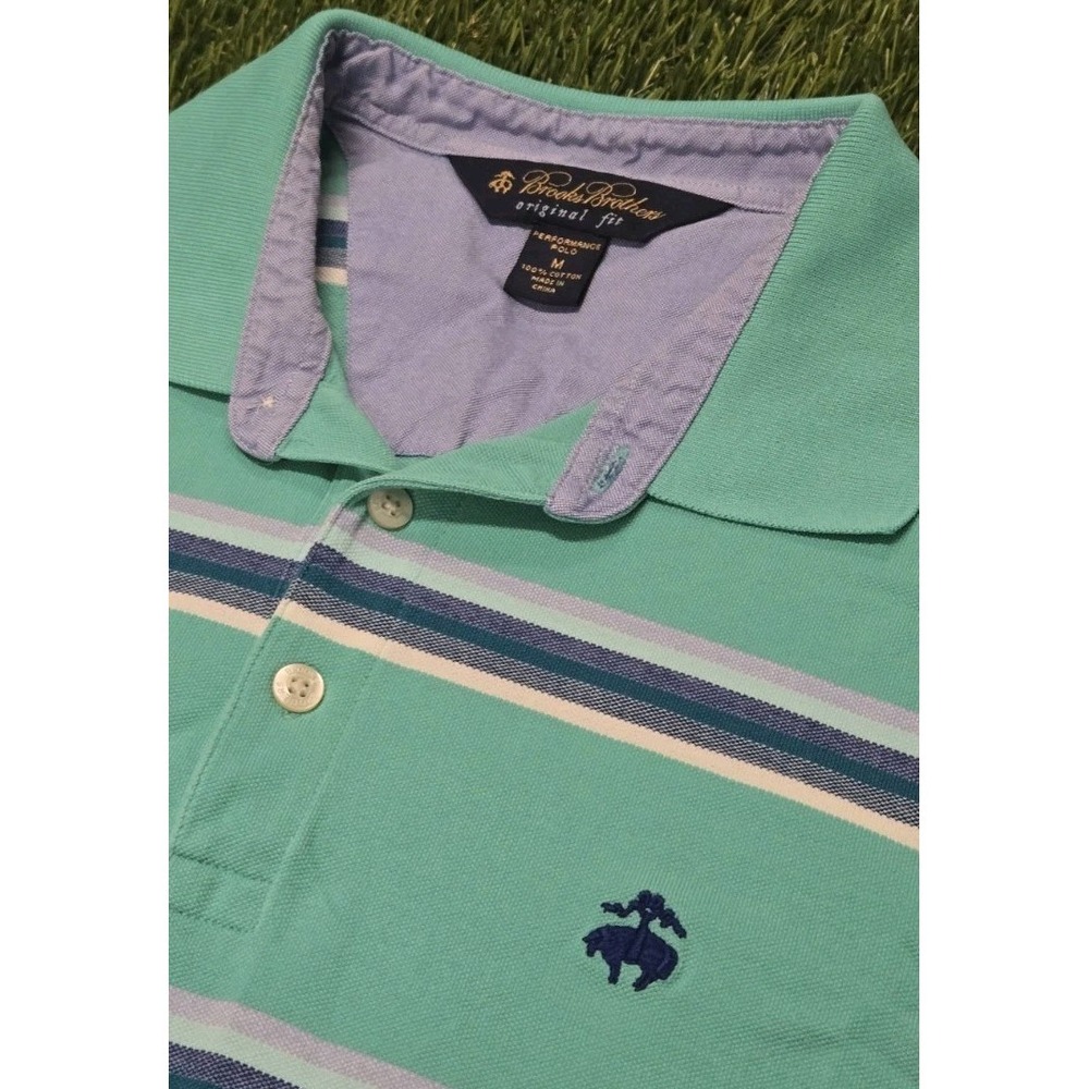 Brooks Brothers Performance Polo Shirt Mens Medium M Mint Green Striped Pique